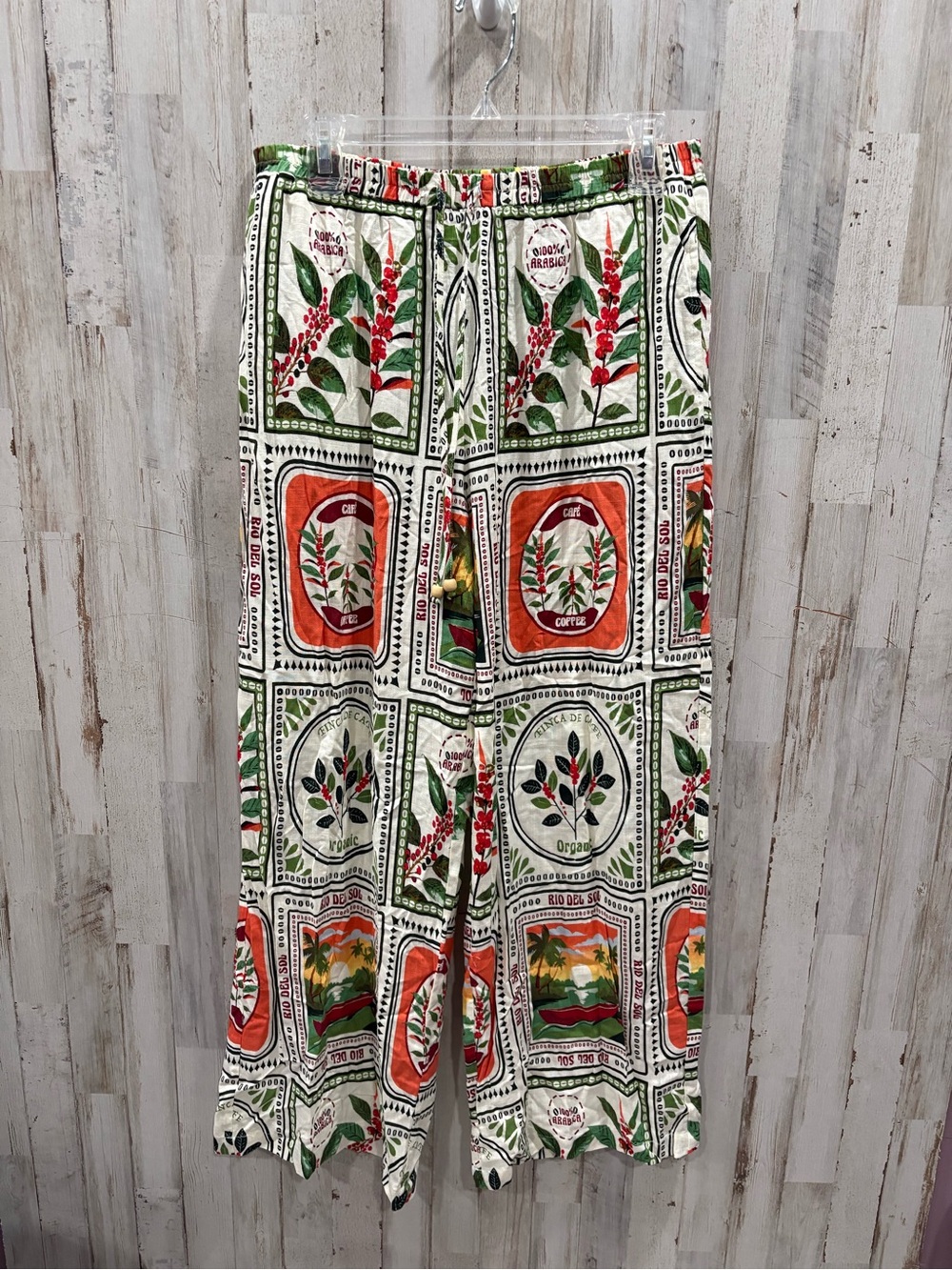 Rose + Olive Resort Coffee Print Wide Leg Pants Size M Tropical Boho